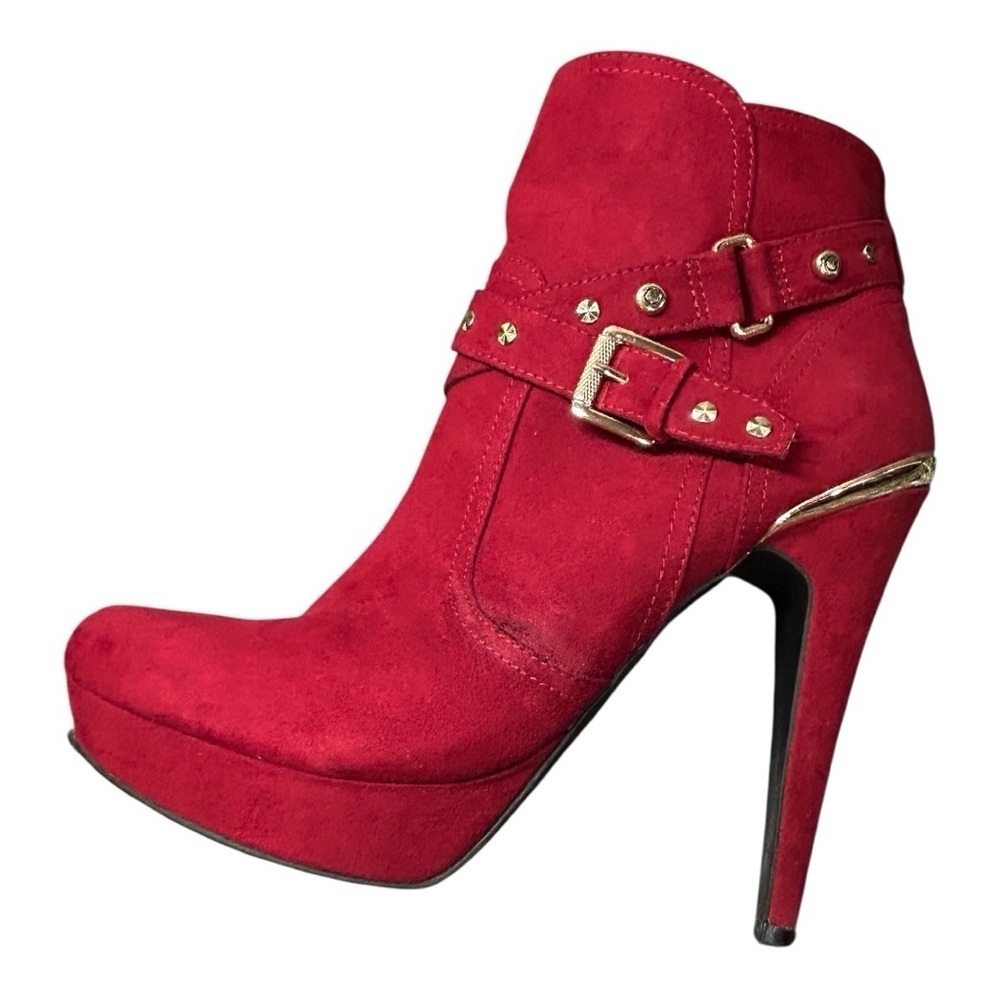 GUESS Women’s Red & Gold Studded Stiletto Ankle Boots – Size 9.5